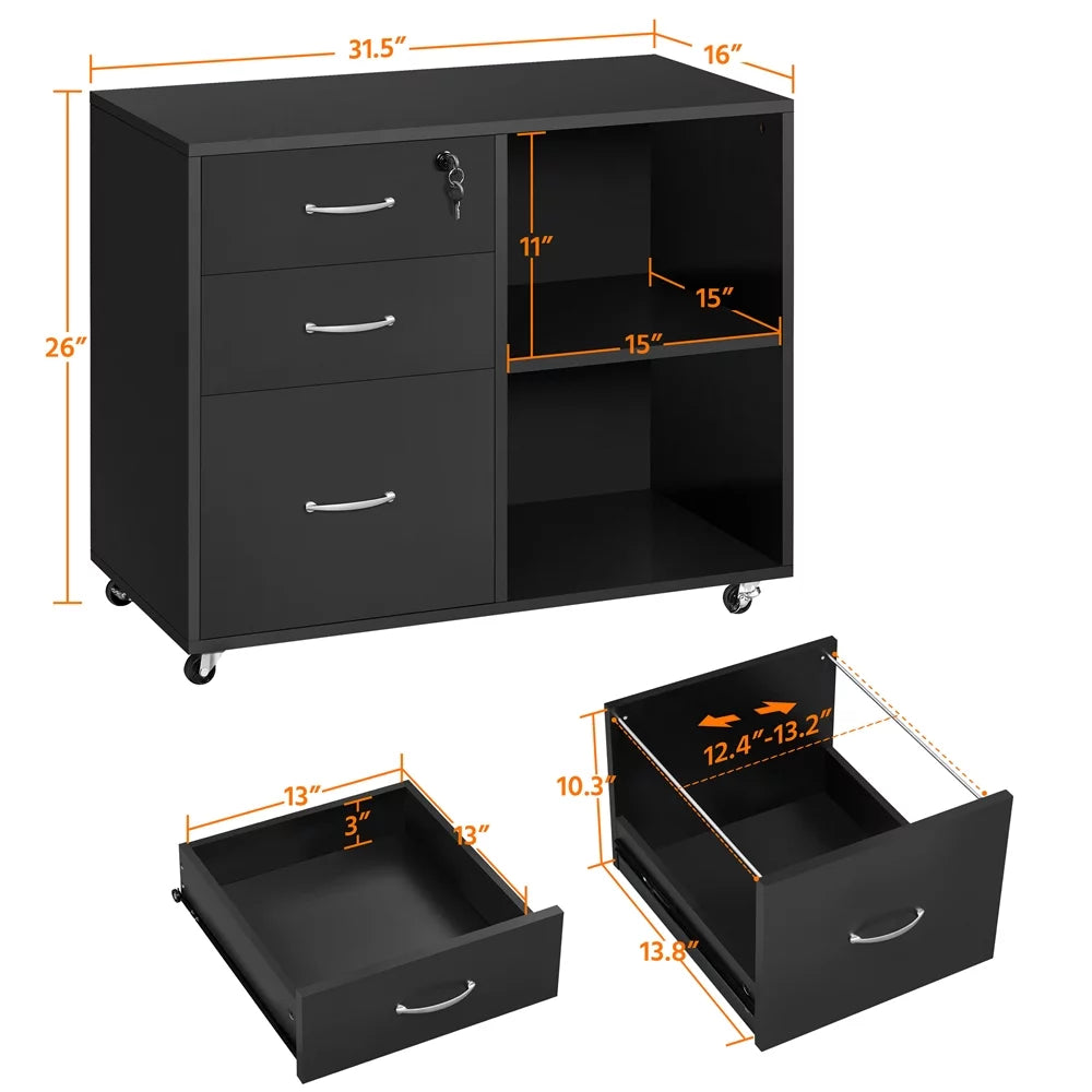 Black 3 Drawer Mobile File Cabinet K49921
