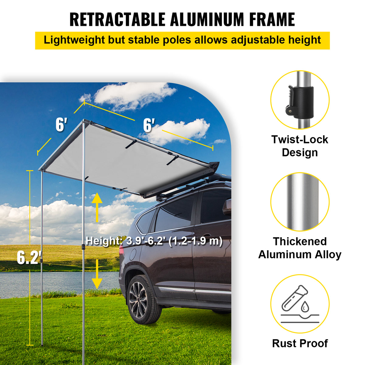 Retractable Waterproof Car Awning Tent Grey 6'x6' D752819