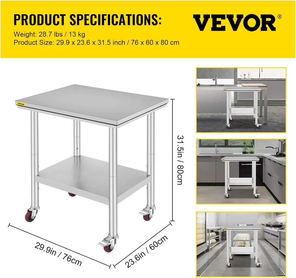 Stainless Steel Work Table with Wheels 24 x 30 x 32 Inch N30780