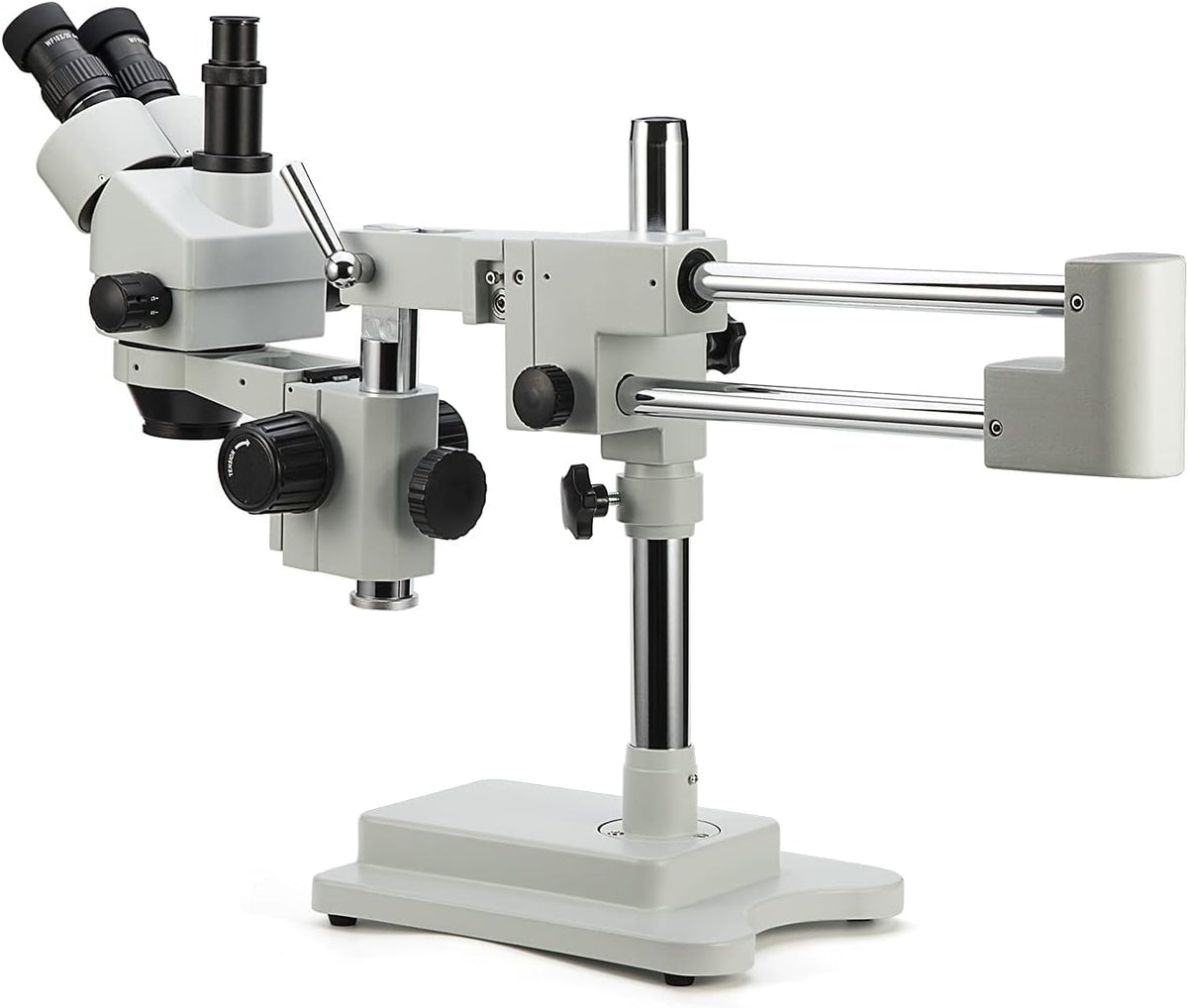 Simul-Focal Trinocular Stereo Zoom Microscope with WH10x Eyepieces, 0.7X-4.5X Objective, LED Ring Light, Double Arm Boom Stand, 0.5X and 2.0X Barlow Lens A117584