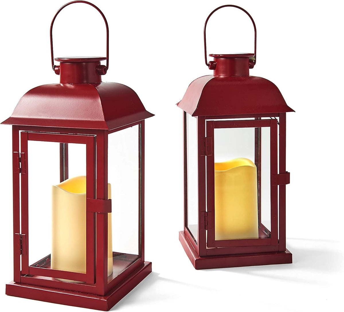 Red Outdoor Lanterns with Solar Candles, 11 Inch Tall, Set of 2, Waterproof Metal D645