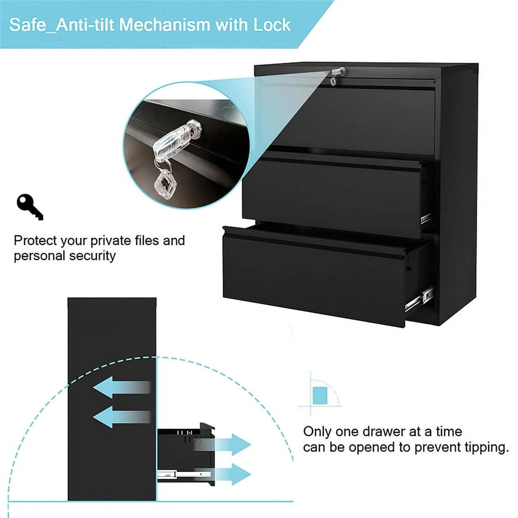 3 Drawer Black Steel Locking Filing Cabinet O962