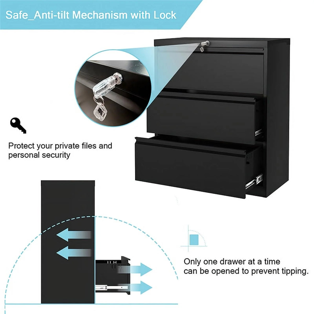 3 Drawer Black Steel Locking Filing Cabinet O962
