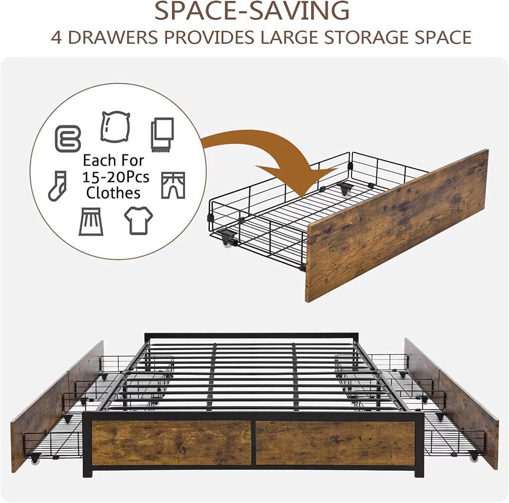 King Metal Platform Bed Frame with 4 Storage Drawers X1577