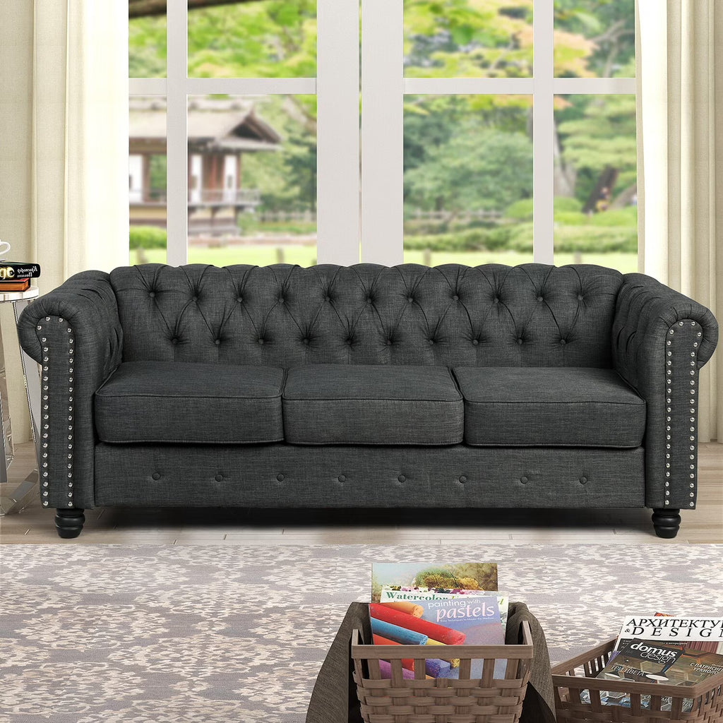 Grey Linen Chesterfield Sofa with Nailhead R603