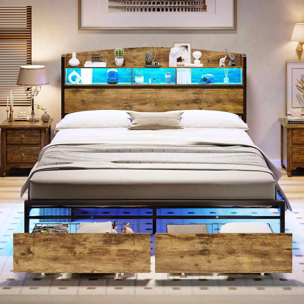 Queen Size Platform Bed with Storage Drawers and LED Headboard Y5663