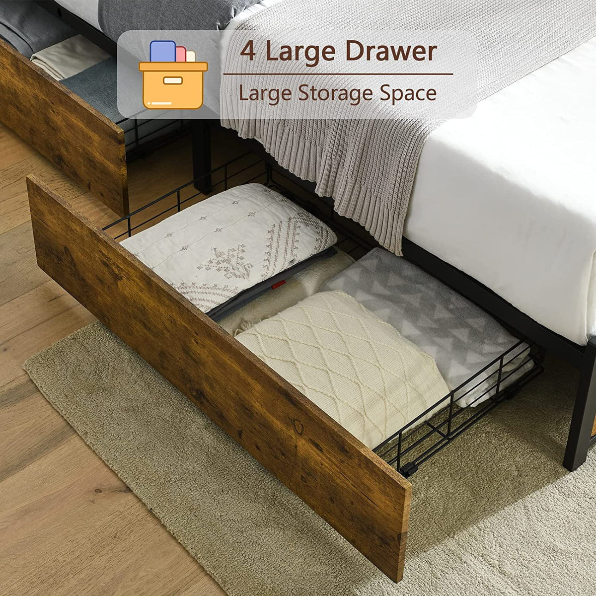 King Metal Platform Bed Frame with 4 Storage Drawers X1577