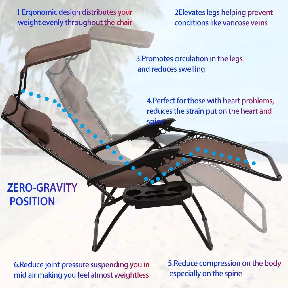 Zero Gravity Chair Set of 2 Folding Recliner with Canopy and Cup Holder Brown C687141
