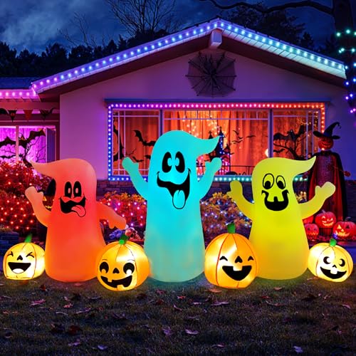 8 Ft Halloween Inflatable Three Ghosts with Pumpkin LED Light Up D22421