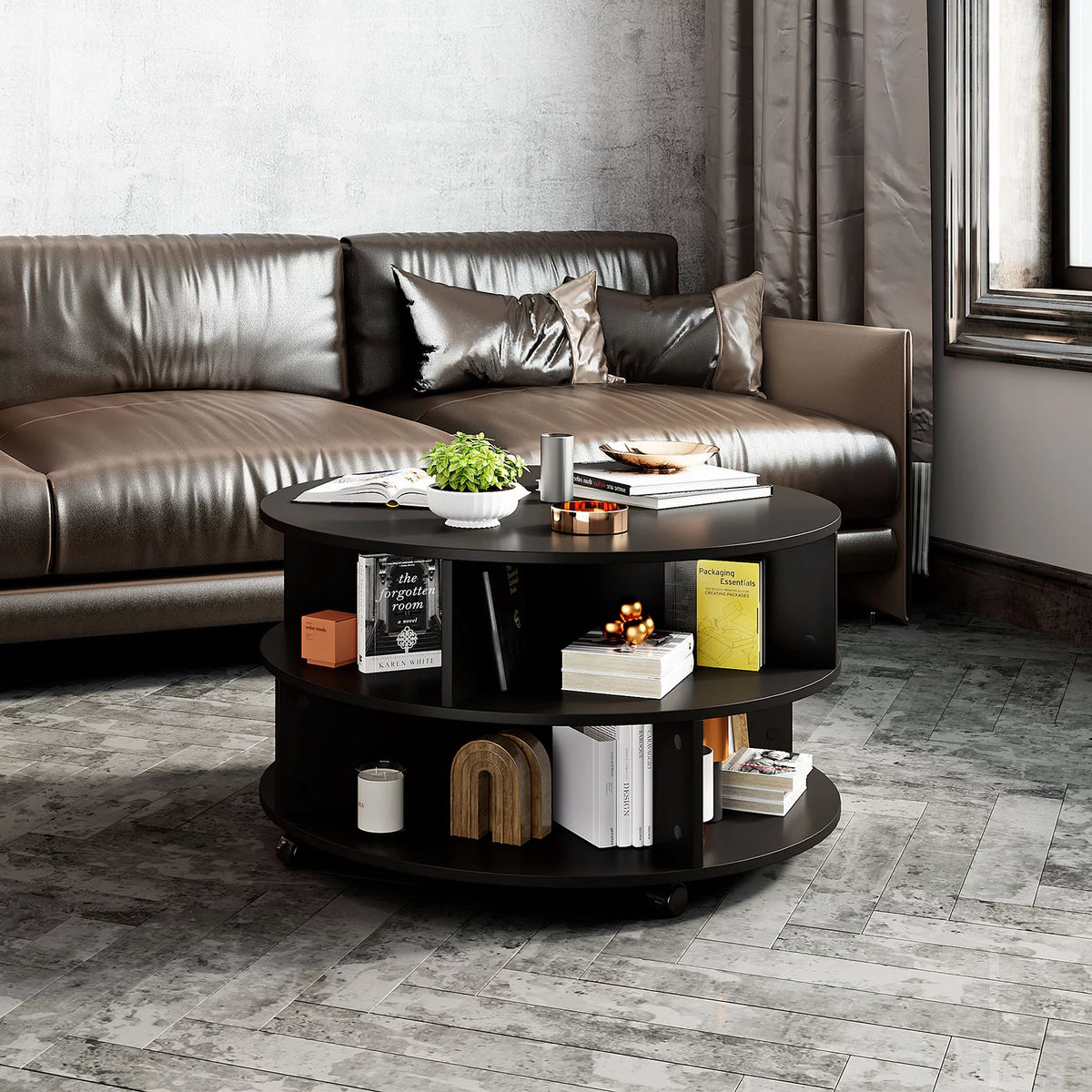 31.5-Inch Round Coffee Table with Wheels, 2-Tiers Storage Black F935601