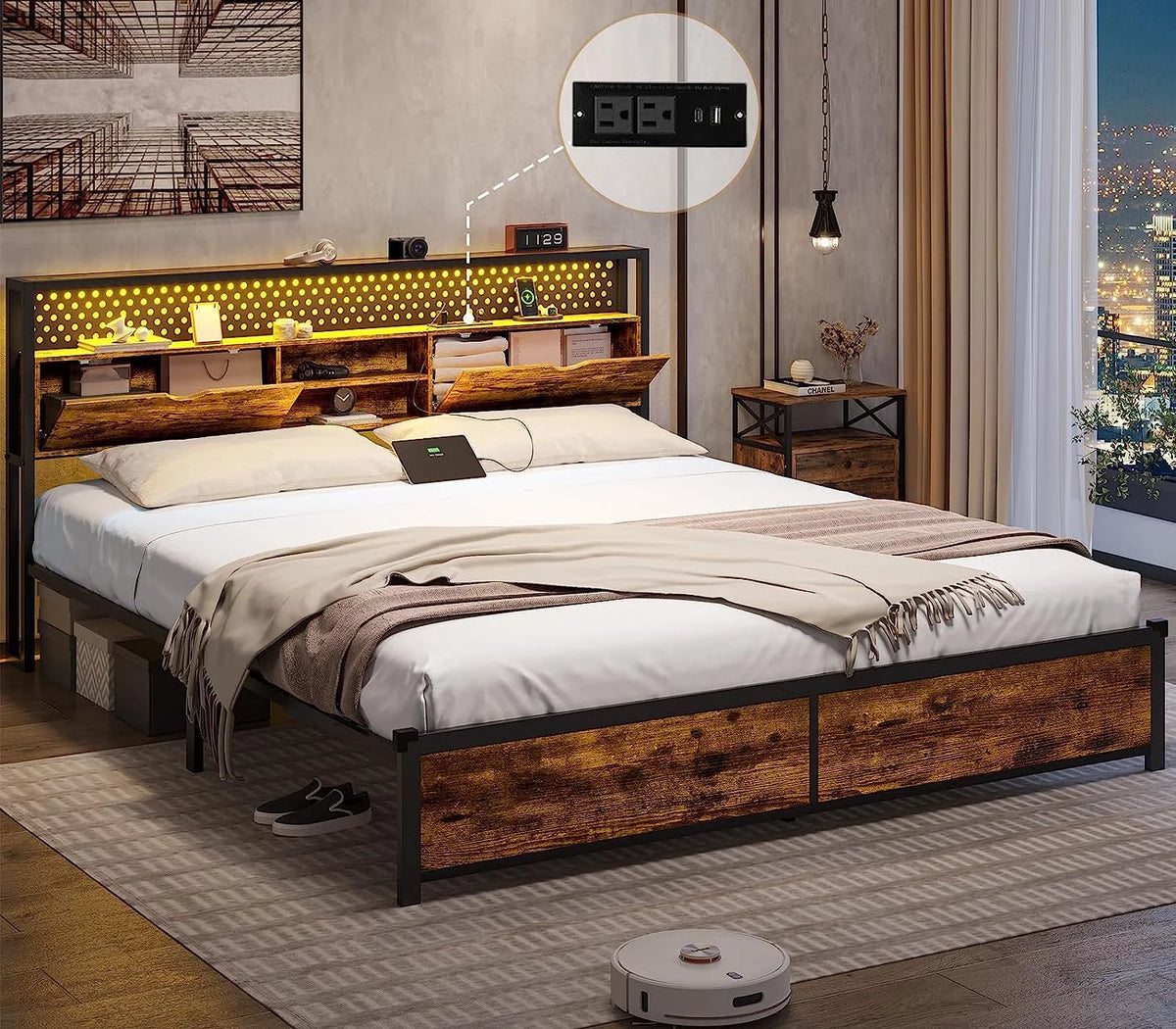 Queen Bed Frame with Storage Drawers, LED, USB Charging Station, Brown K8943