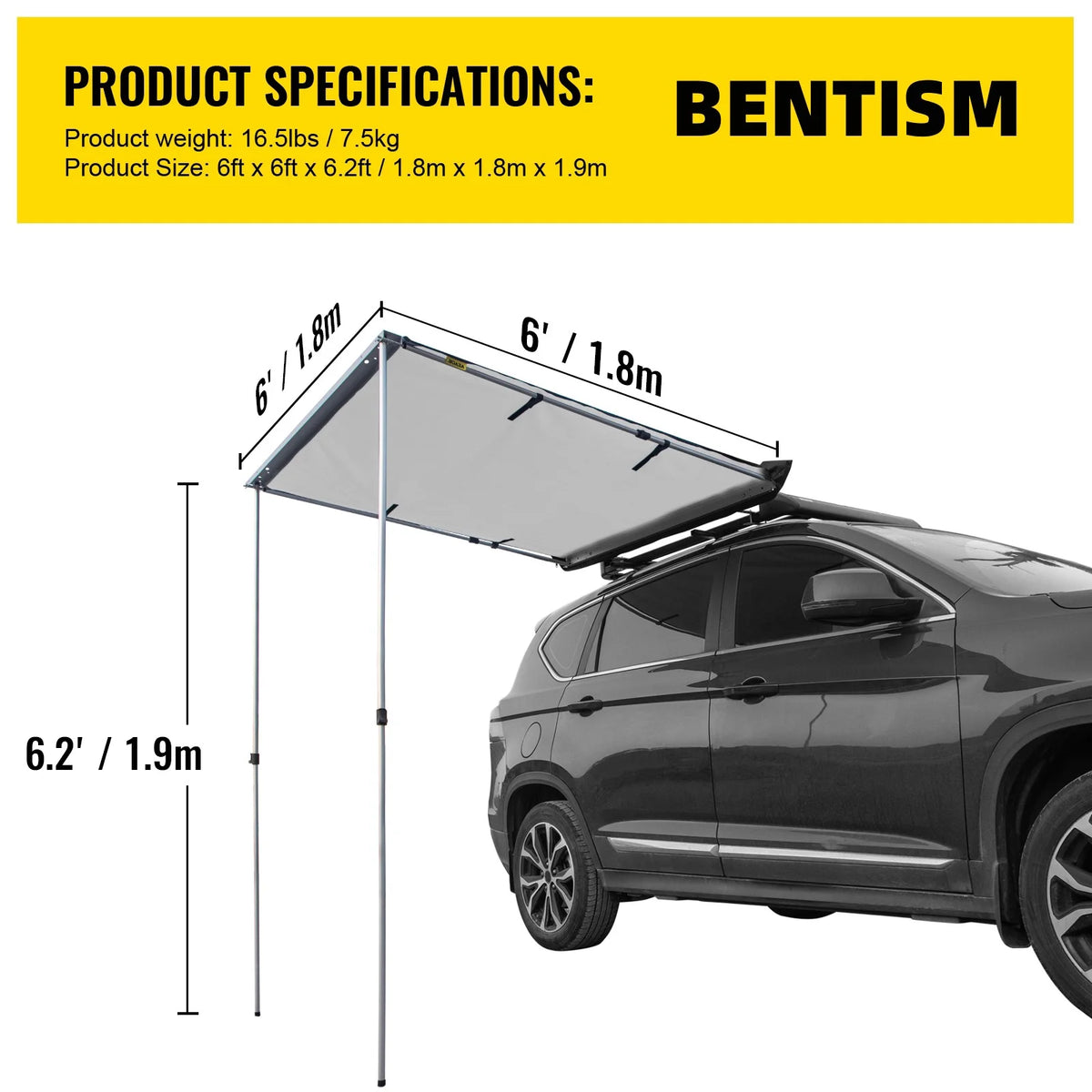 Retractable Waterproof Car Awning Tent Grey 6'x6' D752819